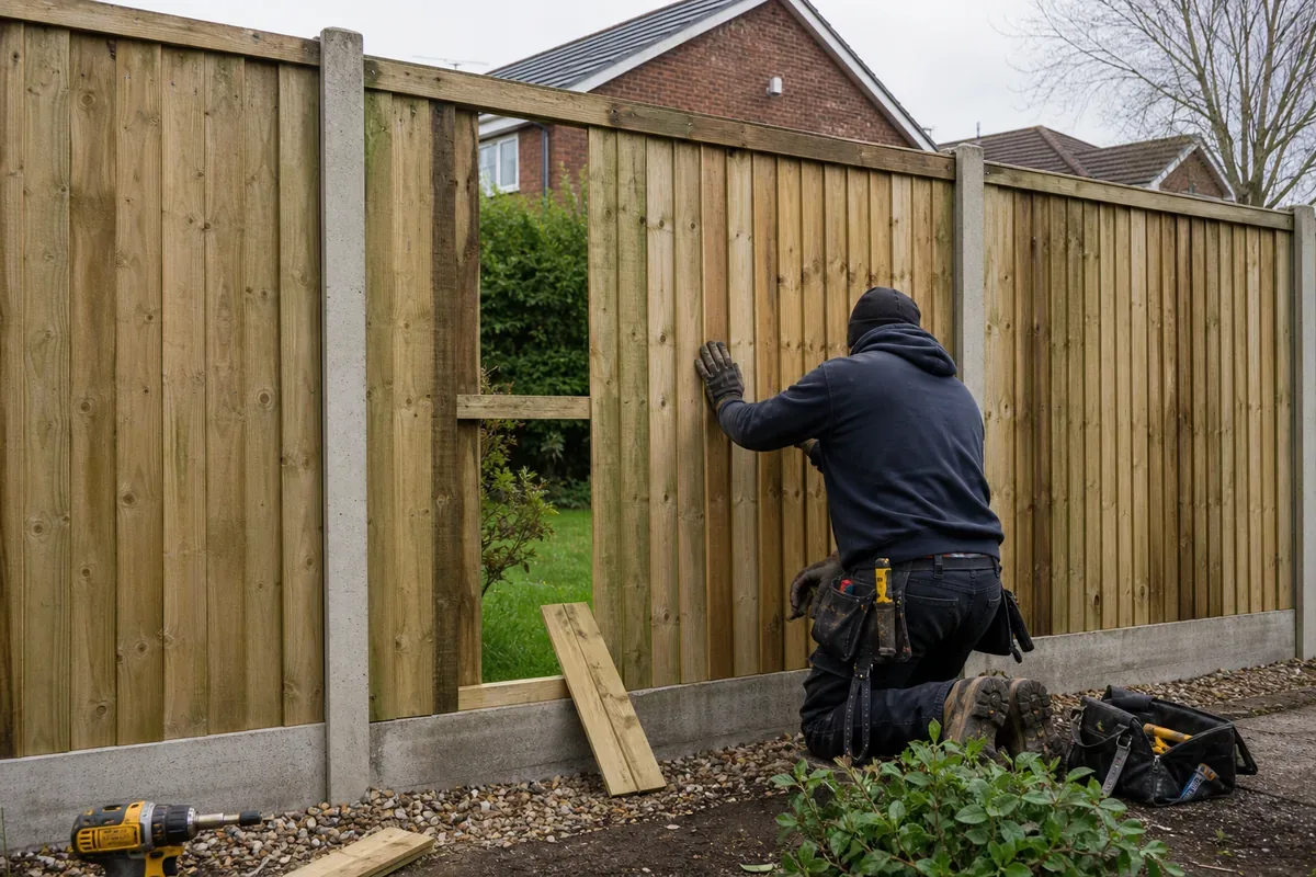 Damaged garden fence being repaired in York